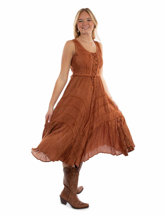 Scully Womens Full Length Lace-Up Rust 100% Rayon S/L Dress