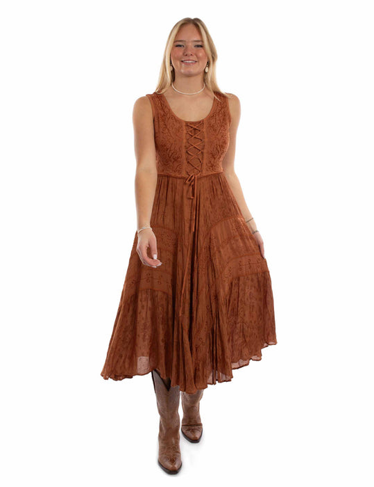 Scully Womens Full Length Lace-Up Rust 100% Rayon S/L Dress