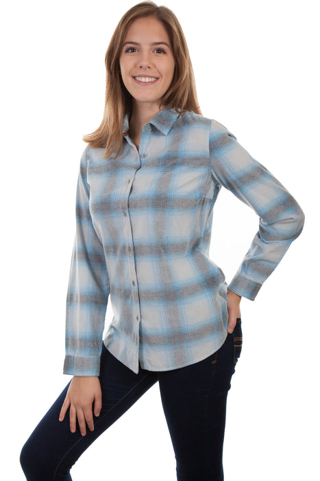 Scully Womens Blue/White 100% Cotton Plaid L/S Shirt