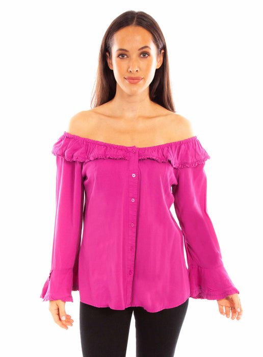 Scully Womens Pink Rayon Drapey Ruffle L/S Blouse