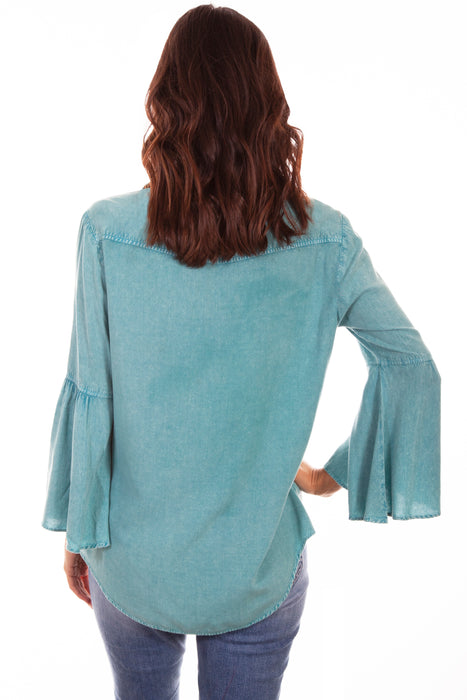 Scully Womens Turquoise Rayon Ivory L/S Blouse