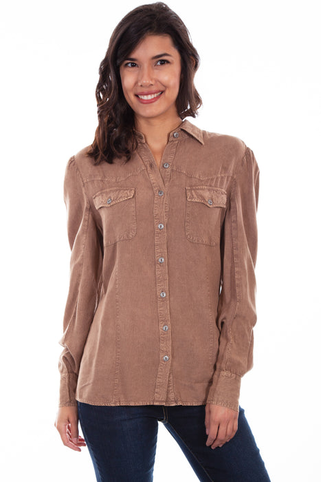 Scully Womens Sand Rayon Bustle Back L/S Blouse