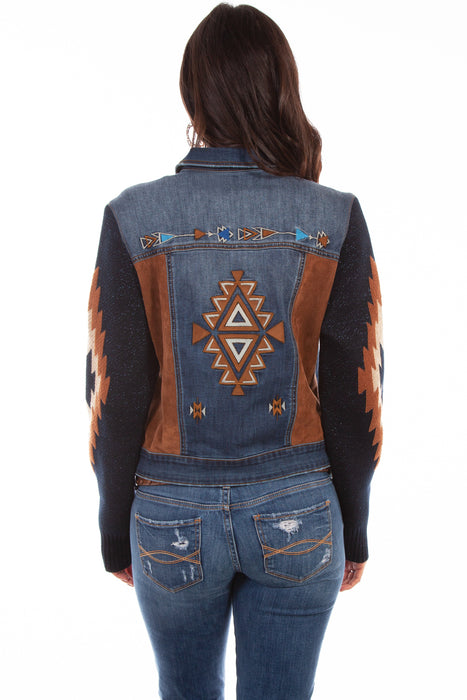 Scully Womens Denim Cotton Blend Aztec Embroidered Jacket