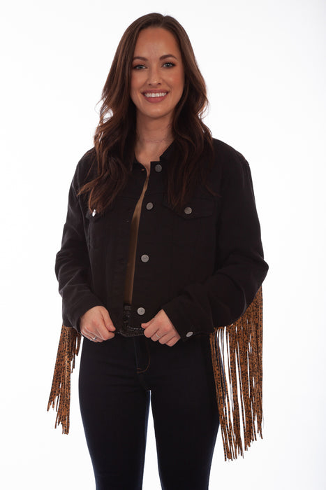 Scully Womens Black/Leopard Cotton Blend Fringe Denim Jacket