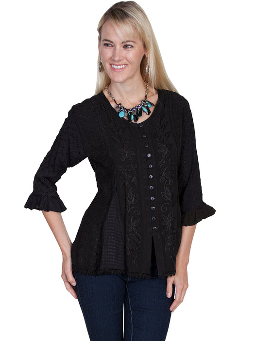 Scully Honey Creek Womens Black 100% Rayon 3/4 Sleeve Fabric Blouse