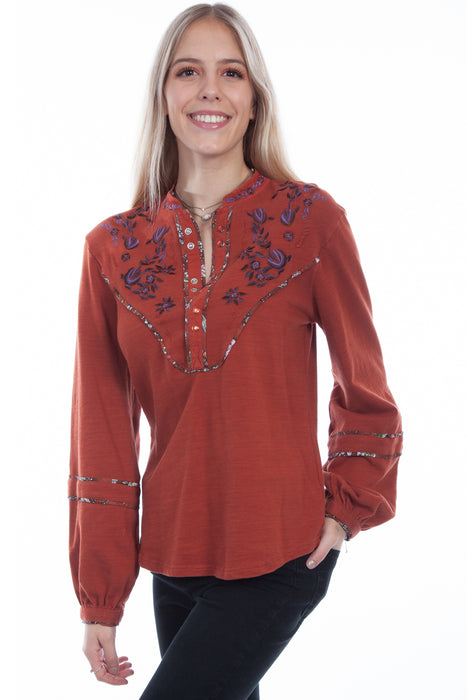 Scully Womens Rust Cotton Blend Yoke L/S Blouse