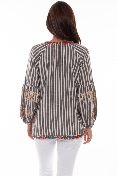 Scully Womens Charcoal 100% Cotton Embroidered Stripe L/S Blouse