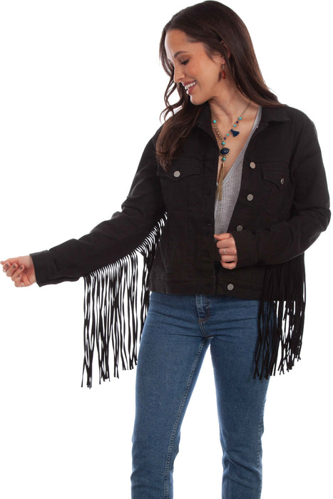 Scully Womens Black Cotton Blend Fringe Jean Denim Jacket