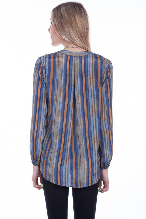 Scully Womens Sky Polyester V-Neck Stripe L/S Blouse