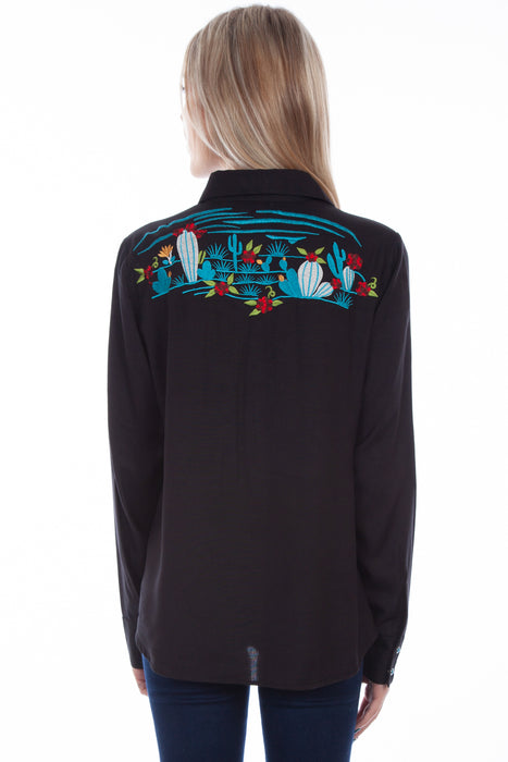 Scully Womens Cactus Embroidered Black 100% Viscose L/S Shirt