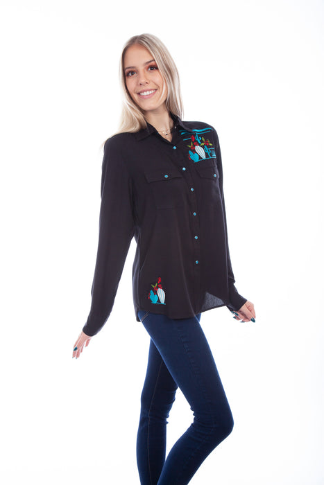 Scully Womens Cactus Embroidered Black 100% Viscose L/S Shirt