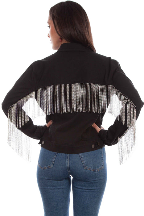 Scully Womens Black Cotton Blend Rhinestone Fringe Denim Jacket