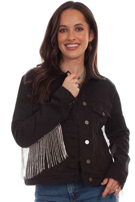 Scully Womens Black Cotton Blend Rhinestone Fringe Denim Jacket