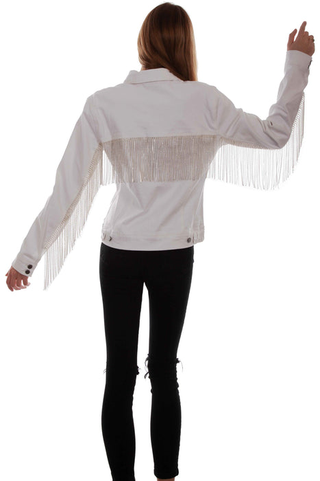 Scully Womens White Cotton Blend Rhinestone Fringe Jacket