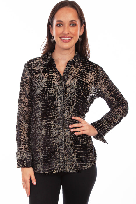 Scully Womens Black Nylon Animal Velvet L/S Blouse