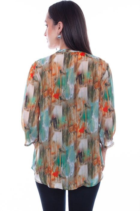 Scully Womens Turquoise Rayon Watercolor S/S Blouse