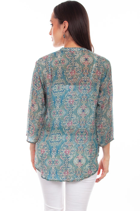 Scully Womens Turquoise Rayon Classic Print S/S Blouse