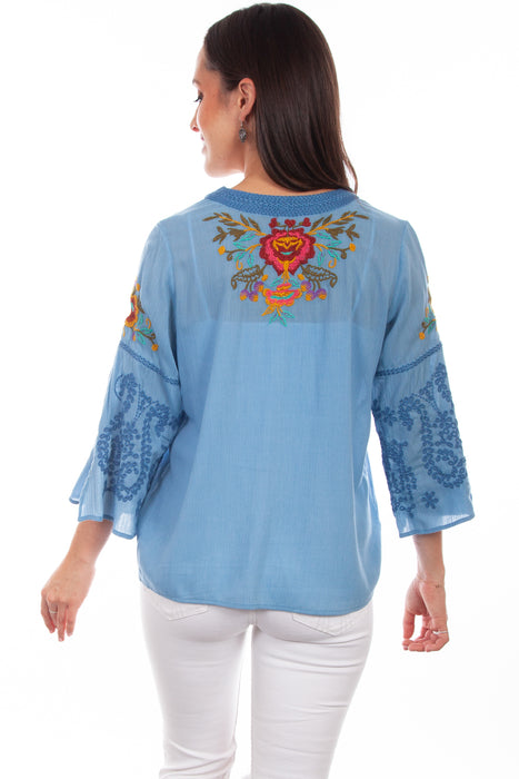 Scully Womens Blue Multi 100% Cotton Detailed Floral S/S Blouse