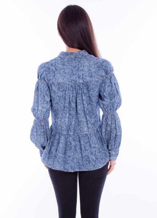 Scully Womens Button Peasant Blue Lyocell L/S Blouse