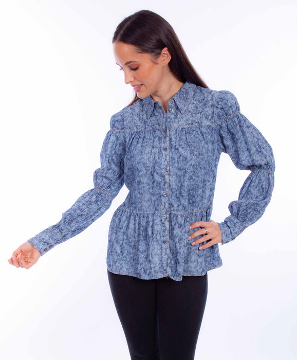 Scully Womens Button Peasant Blue Lyocell L/S Blouse