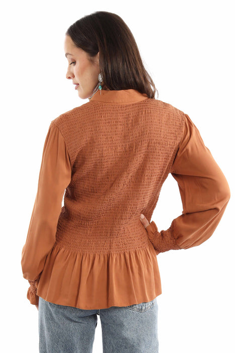 Scully Womens Smocked Peplum Terracotta 100% Rayon L/S Blouse