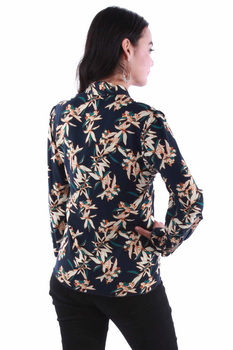 Scully Womens Smocked Floral Peplum Navy 100% Rayon L/S Blouse