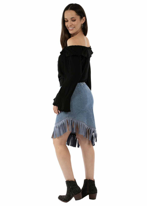 Scully Womens Asymmetrical Fringe Bottom Blue 100% Cotton Skirt