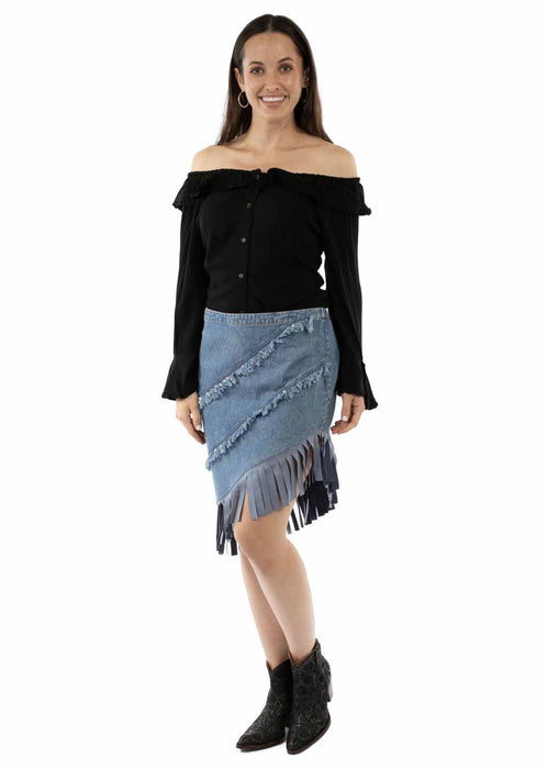 Scully Womens Asymmetrical Fringe Bottom Blue 100% Cotton Skirt