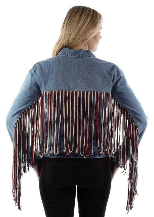 Scully Womens Americana Denim Fringe Red/White/Blue Cotton Blend Cotton Jacket