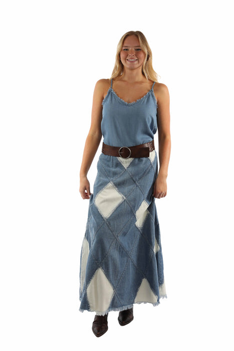 Scully Womens Acid Wash Diamond Panels Blue 100% Cotton Skirt