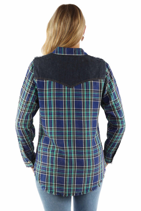 Scully Womens Airy Plaid Yokes Blue Rayon Blend L/S Shirt