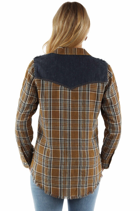 Scully Womens Airy Plaid Yokes Brown Rayon Blend L/S Shirt