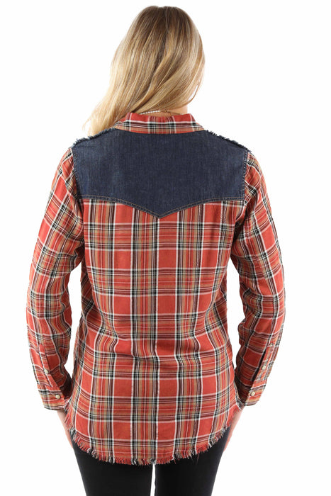 Scully Womens Airy Plaid Yokes Red Rayon Blend L/S Shirt