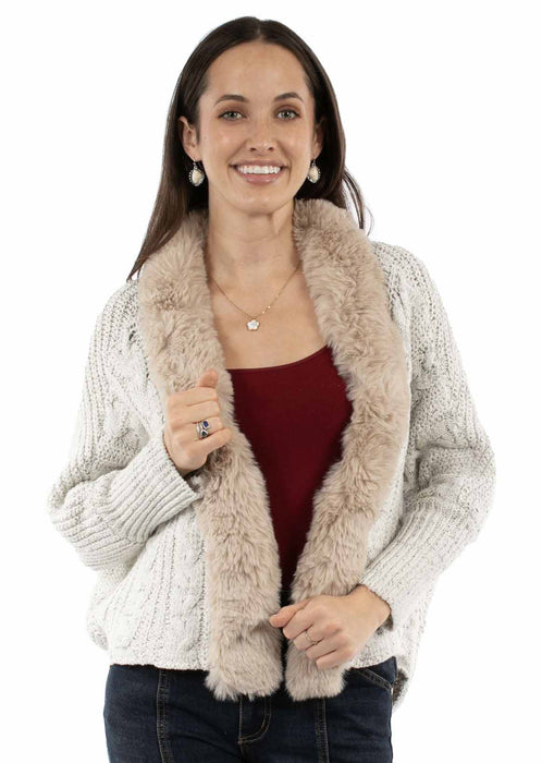 Scully Womens Faux Fur Trim Open Front Ivory 100% Acrylic Cardigan Sweater