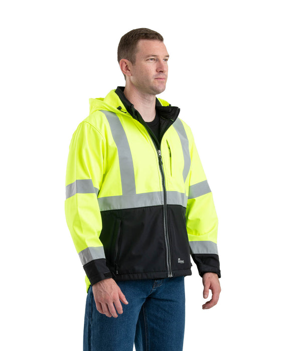 Berne Mens Hi Vis Class 3 Hooded Yellow Fleece Softshell Jacket