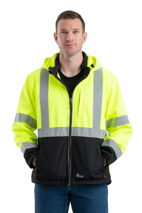 Berne Mens Hi Vis Class 3 Hooded Yellow Fleece Softshell Jacket