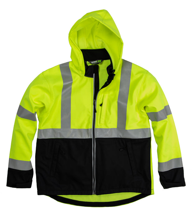 Berne Mens Hi Vis Class 3 Hooded Yellow Fleece Softshell Jacket