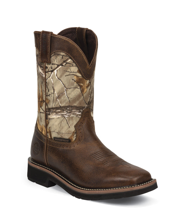 Justin Mens Tan Rugged Leather Work Boots 11in Stampede WP Camo