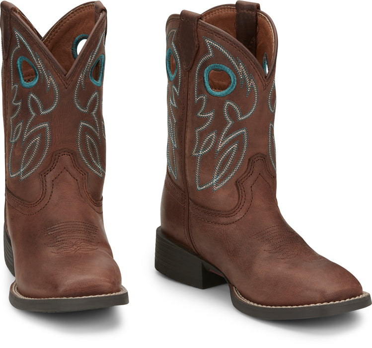 Justin 8in Square Toe Brown Bowline Junior Leather Cowboy Boots