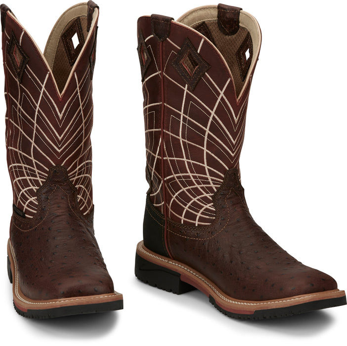 Justin Ostrich Print Mens Rust Derrickman Leather Work Boots