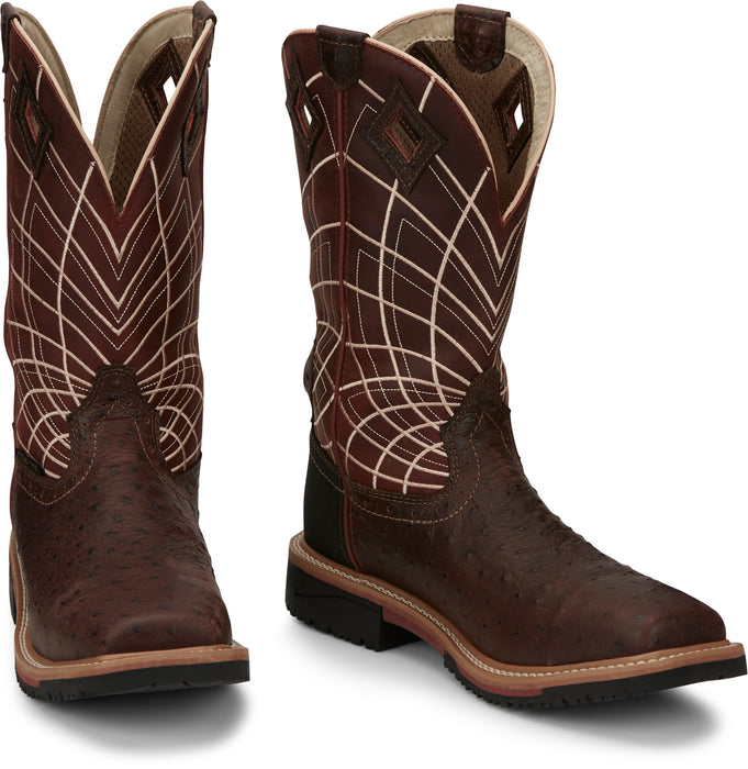 Justin Ostrich Print CT Mens Rust Derrickman Leather Work Boots