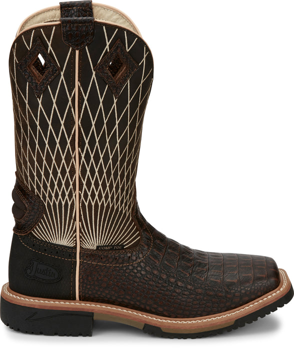 Justin Croc Print CT Mens Chocolate Derrickman Leather Work Boots