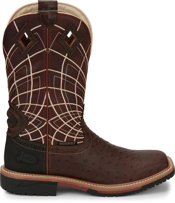 Justin Ostrich Print Mens Rust Derrickman Leather Work Boots