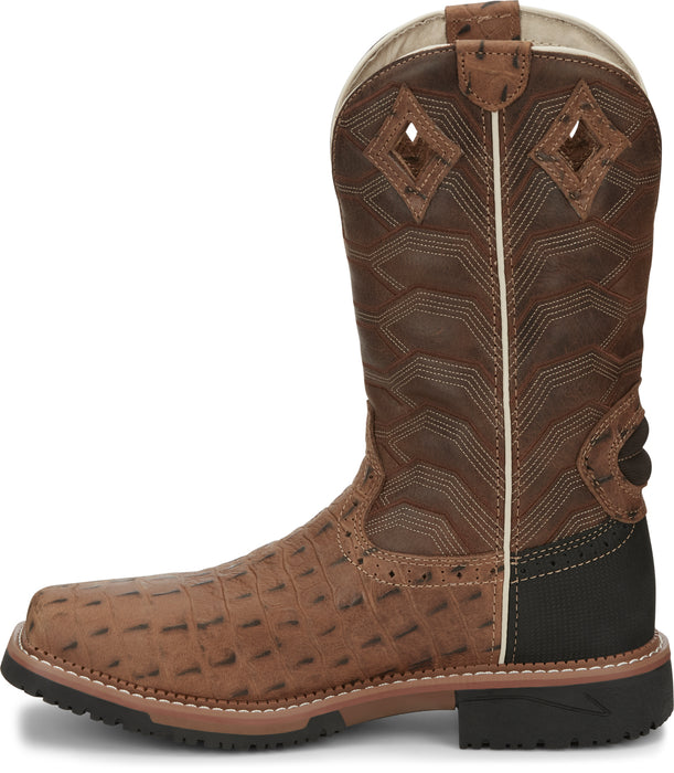 Justin 12in Croc Print Mens Caramel Derrickman Leather Work Boots