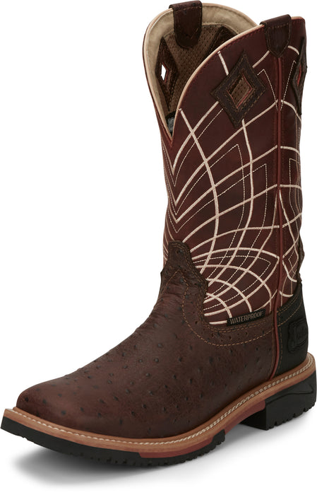 Justin Ostrich Print Mens Rust Derrickman Leather Work Boots