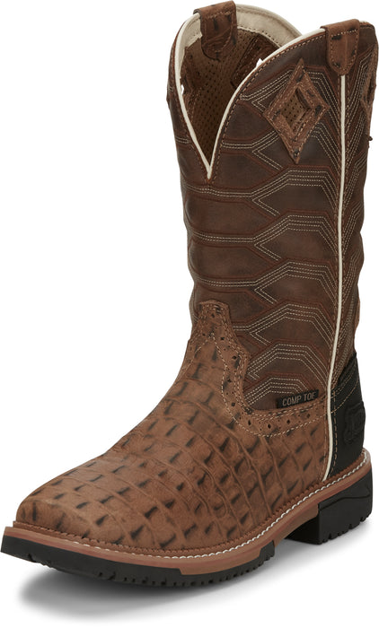 Justin 12in Croc Print Mens Caramel Derrickman Leather Work Boots