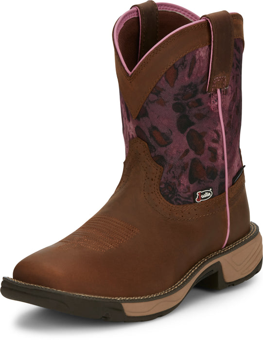 Justin 8in WP Womens Prym1 Pink Out Camo Rush Leather Work Boots