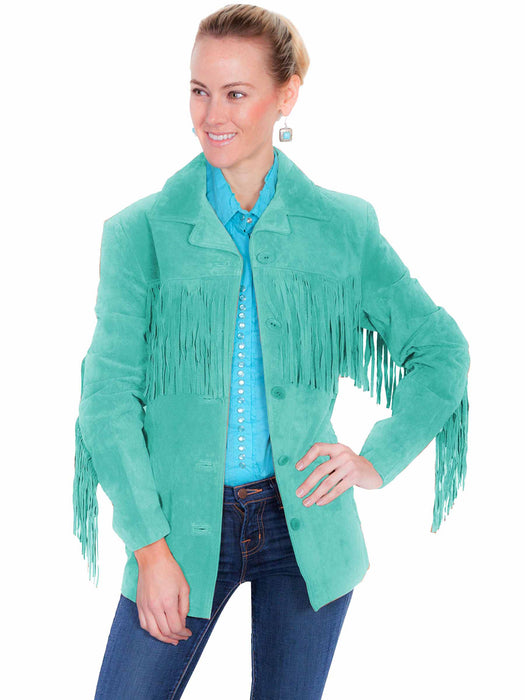 Scully Womens Notched Lapel Fringe Turquoise Leather Leather Jacket