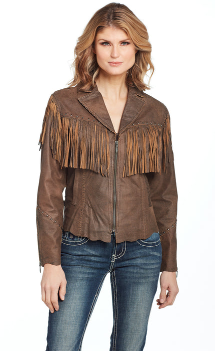 Cripple Creek Womens Antique Brown Leather Lamb Fringe Vest