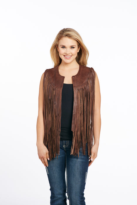 Cripple Creek Womens Antique Brown Leather Lamb Fringe Vest